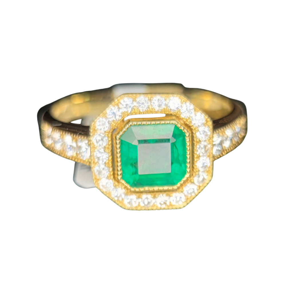 Emerald & Diamond Octagonal Halo Ring