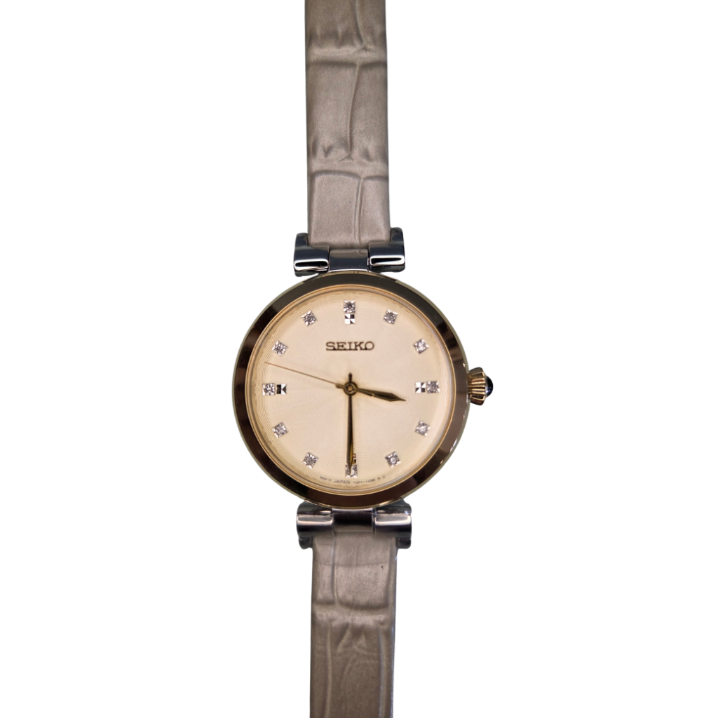 Seiko Gold-Tone Diamond Marker Leather Watch
